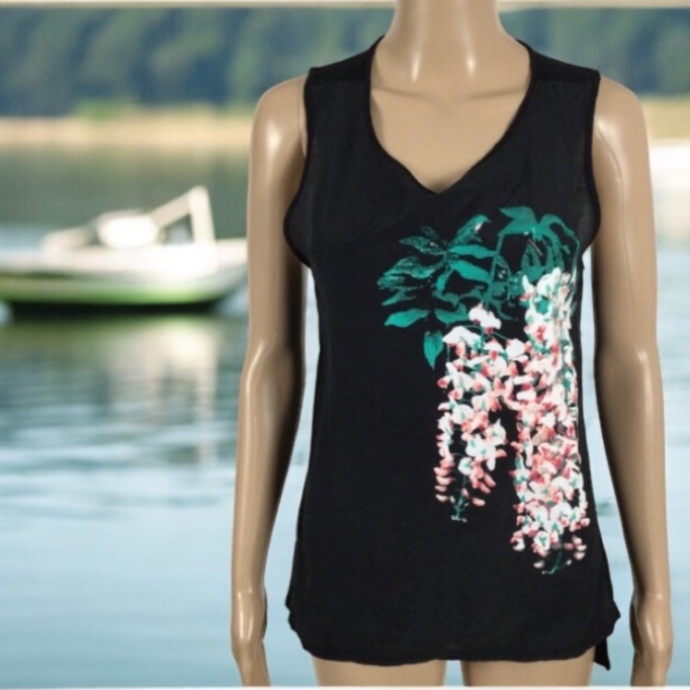 RW&CO. Floral on Black Tank Top, Hi-Lo, Small